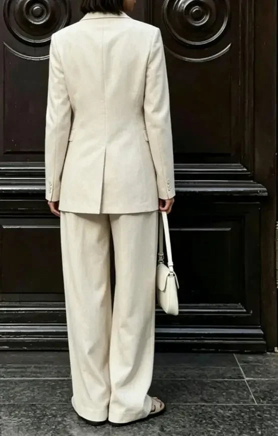 Women Beige Linen Lapel Blazer Wide Leg Pants Suit Notched Collar Straight Cuff Outfit 2026 Office Commute Elegant Street Sets