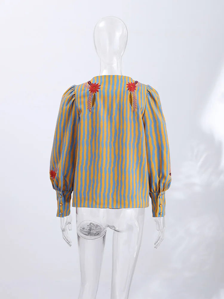 Fashion Striped Flower Embroidered Jacket Round Neck Long Sleeve Loose Coat Casual 2026 Early Autumn New Daily Ladies Clothing