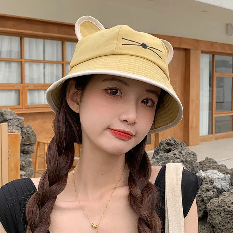 Korean Cartoon Cat Ears Women Bucket Hat Spring Summer Kawaii Beach Tour Sun Visor Hats Wide Brim Y2K Cotton Panama Cap