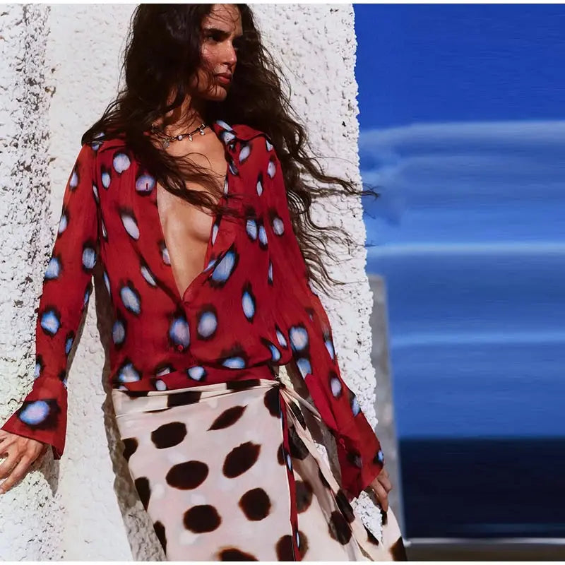 Beach Vacation Printed Shirt Pant Set Women Red See Through Lapel Full Sleeve Button Shirts Pants Suit 2026 Summer Casual Outfit