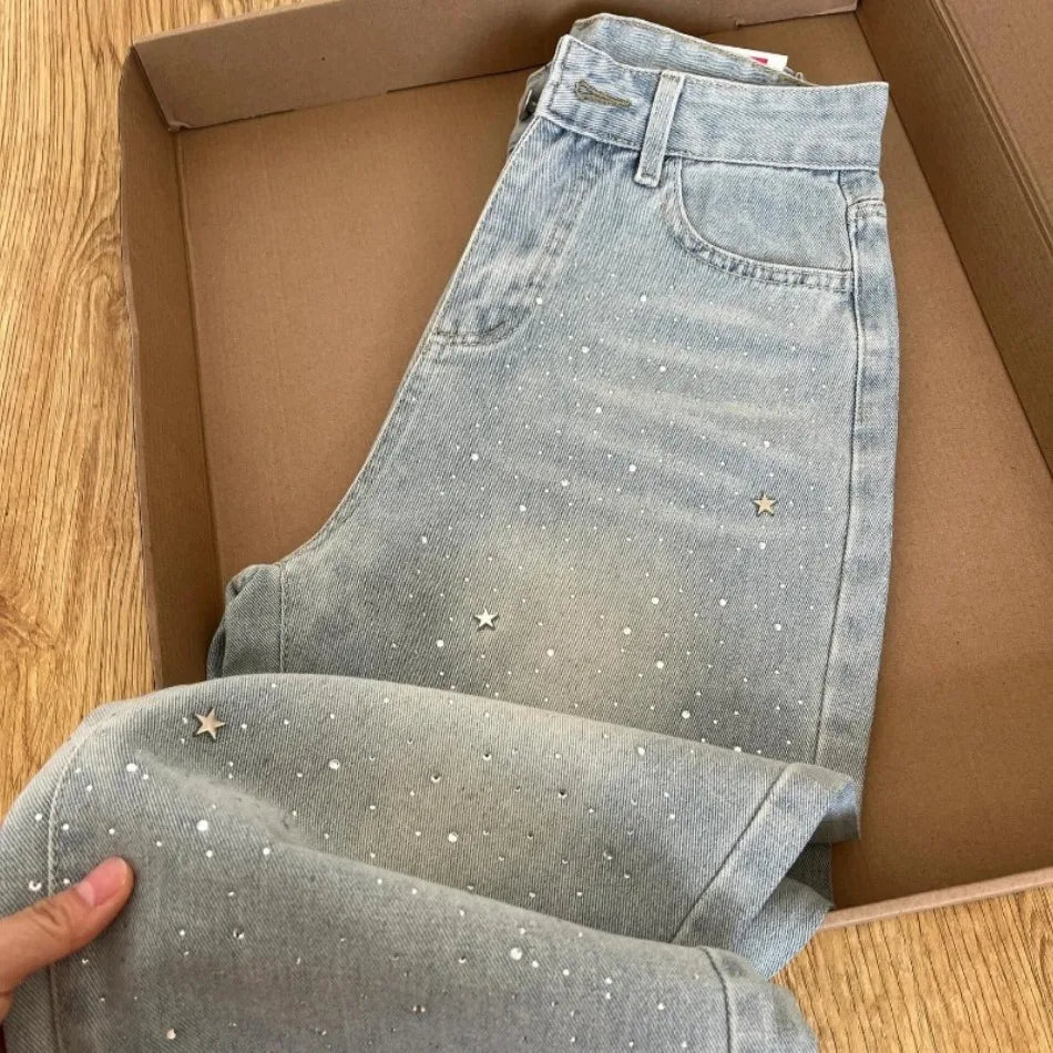 Summer New Fashion Joker Straight Pants Jeans American Light-colored Stars Rhinestone Shiny High Waist Slim Wide-leg Jeans