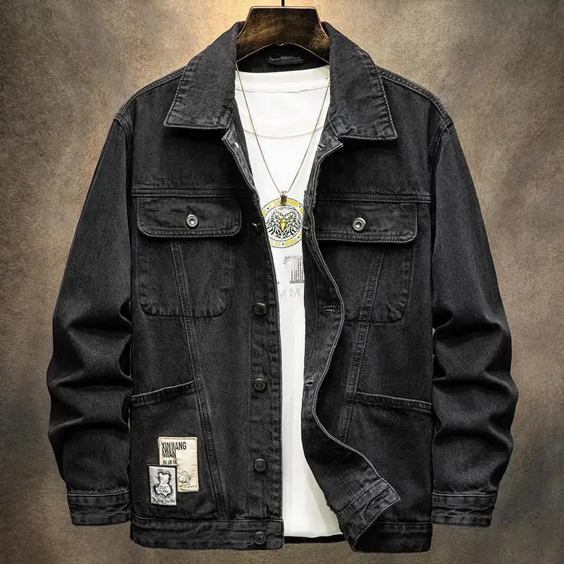 American Stylish blue/black Vintage Denim Jacket for Man Loose-fitting Workwear Jacket Men's Autumn-winter Top