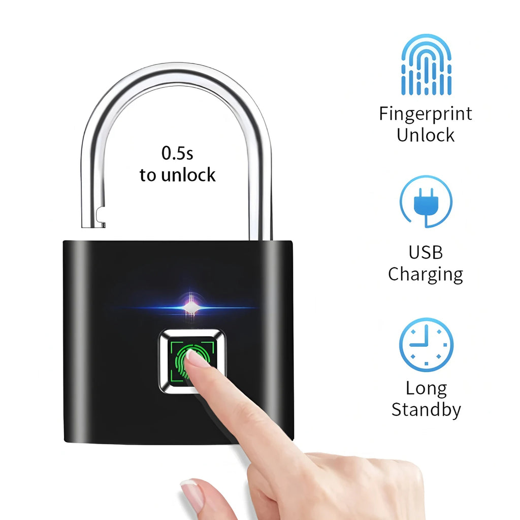 Keyless USB Charging Fingerprint Lock Smart Padlock Waterproof Door Lock 0.2sec Unlock Portable Anti-theft Padlock Zinc