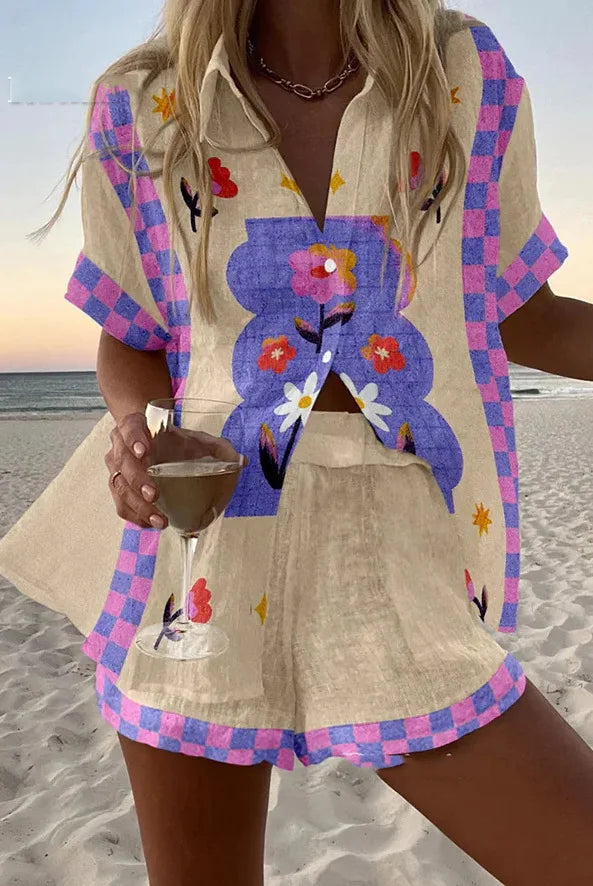 Fashion Lapel Short-sleeved Single-breasted Shirt Top + Shorts 2-piece Set Women Elegant Summer Print Loose Casual Suit Female