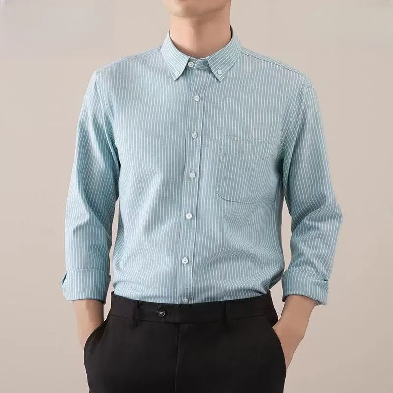 High Quality Men's Dress Shirts Long Sleeve Spring Autumn 100% Cotton Oxford Causal Stripe Social Slim White Man Clothing 5XL