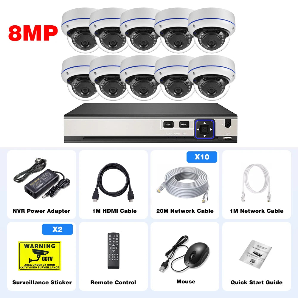 Gadinan 10CH 8MP 4K POE Dome Security Camera System IP Set 4MP Vandal-proof Home Audio CCTV Video Surveillance Protection Kit
