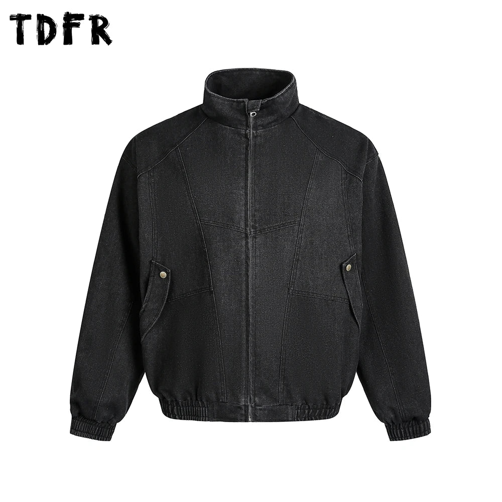 Spliced Denim Jacket Mens Washed Distressed Retro Casual Loose Long Sleeve Stand Collar Pocket Outerwear Man