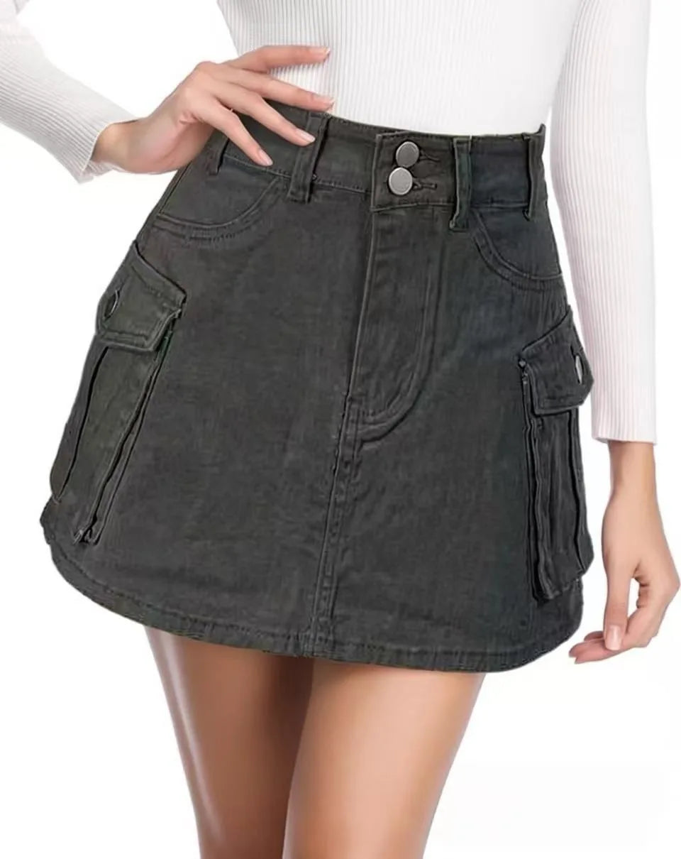 Sexy Women High Waist Cargo Denim Mini Skirt Double Button Multi Pocket A Line Short Skirt Y2K Streetwear Casual Jean Dress
