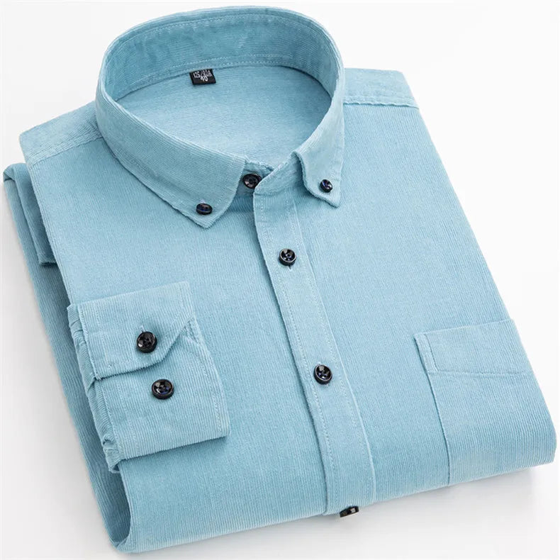 2025 Cotton Corduroy Casual Warm Solid  Shirt Long Sleeve Winter Regular Fit Mens Men's Shirts with Pokets