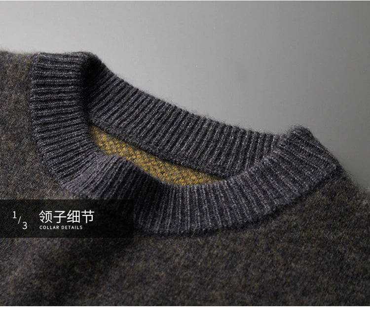 Jacquard Autumn Winter New Cashmere Sweater Men's Round Neck Pullover 100% Merino Wool Knitted Casual Fashion Retro Thicken Top