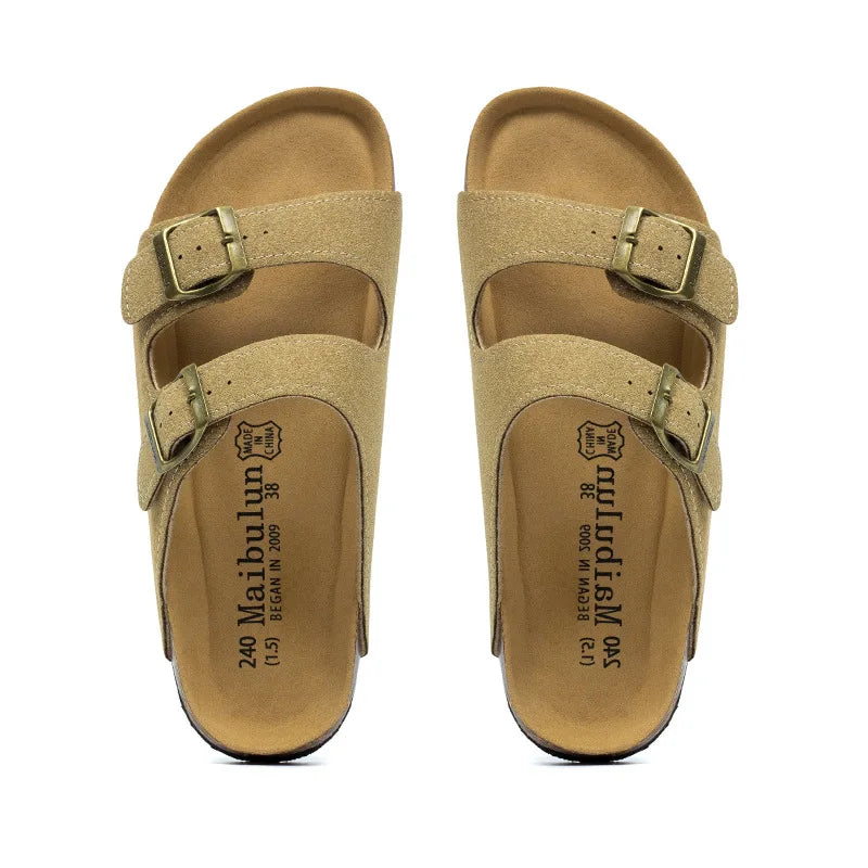 Nubuck Women Cork Slippers Summer Mule Clogs Flats Sandals Slides Casual Beach Couple Double Buckle Soft Shoes Footwear Big Size