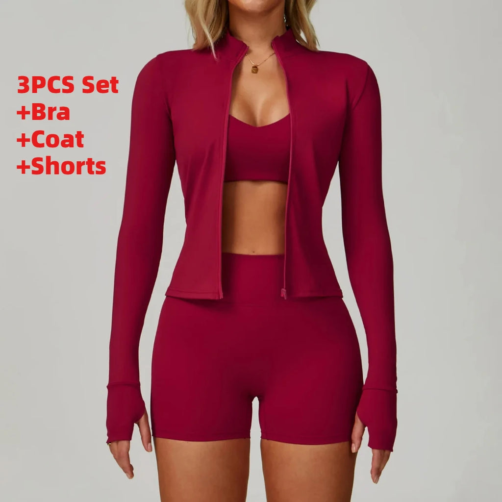 3PCS Women's Yoga Set Peach Hip Sports Jacket Shorts Fitness Set Tight Sports Bra Pants Set Workout Gym Leggings Sports Yoga Set