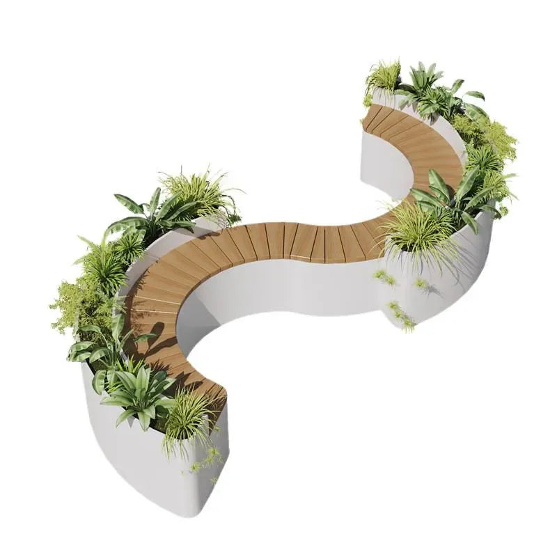 For Outdoor Curved Wood Flower Box Seat Square Park Mall Public Area Anti-corrosion Moisture-proof Leisure Bench