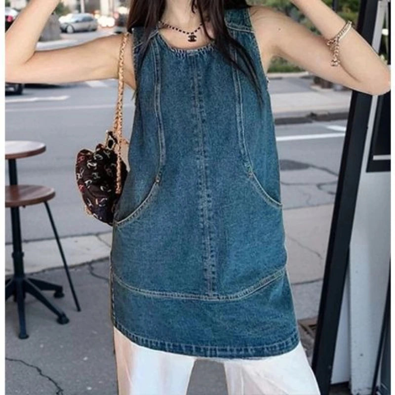 Retro Vest Denim Dress 2025 Summer Fashion Temperament Stitching A Word Street Style Women's Short Skirt