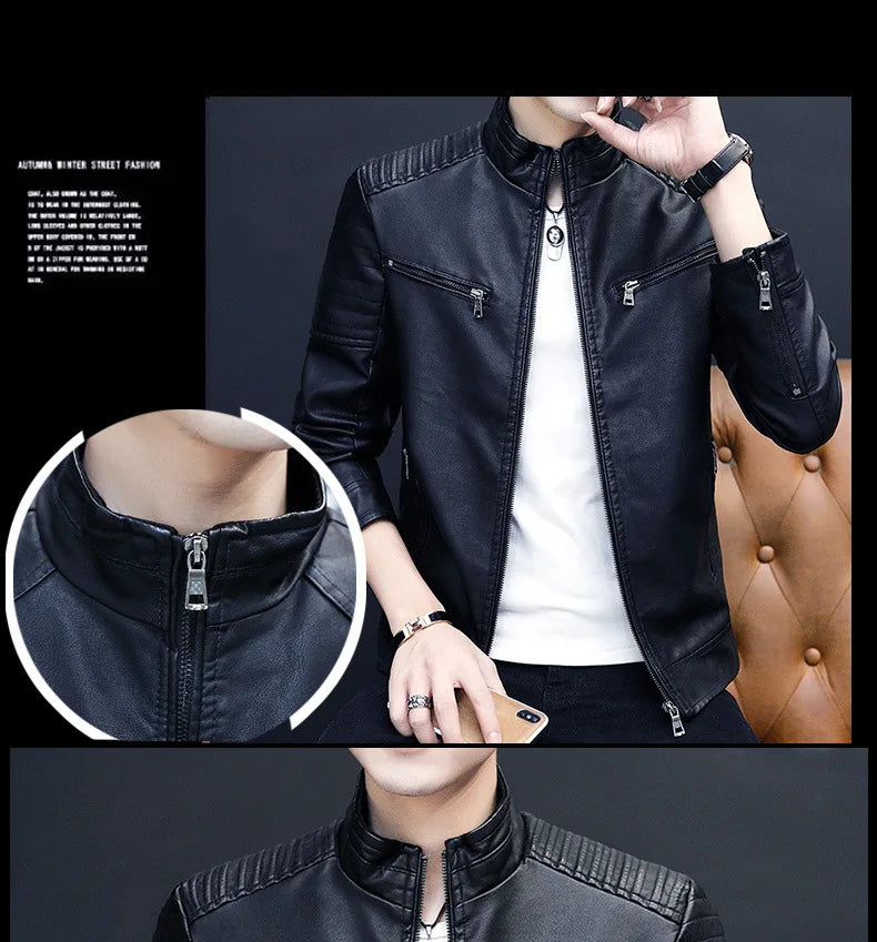 Winter Stand Collar Zip-Up Pocket PU Leather Jacket Men's Slim Business Casual
