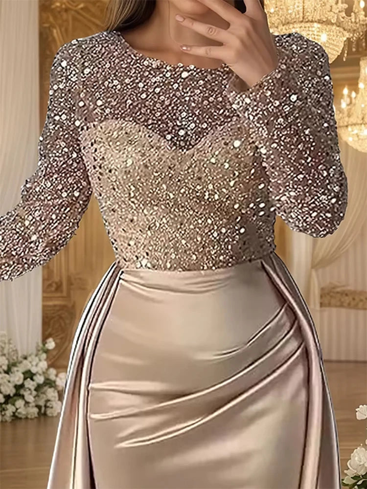 Glamorous Sequin Evening Dress For Women Crew Neck Gold Long Sleeve Ruched Tiered Bodycon Formal Prom Dress Wedding Maxi Dresses