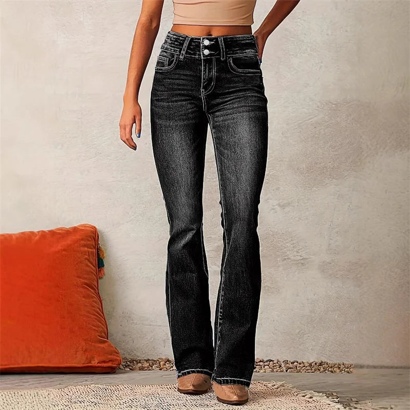 2025 Vintage Mid Waist Washed Stretch Jeans Women New Micro Flared Trousers Casual Commuter Female Denim Pants Trend Streetwear