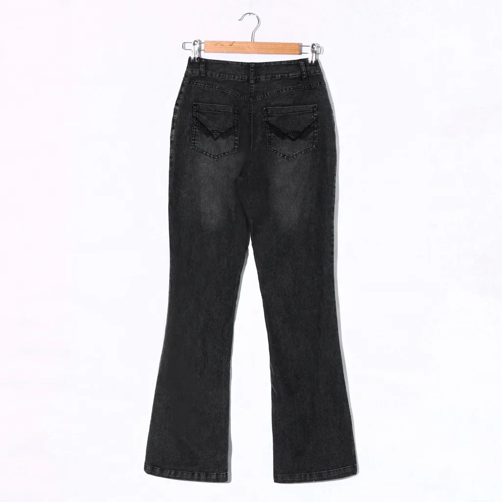 Women'S Jeans Denim Mid Waisted Denim Pants Embroidery Stretch Button Flare Pants Jeans 90s Vintage Clothes For Female