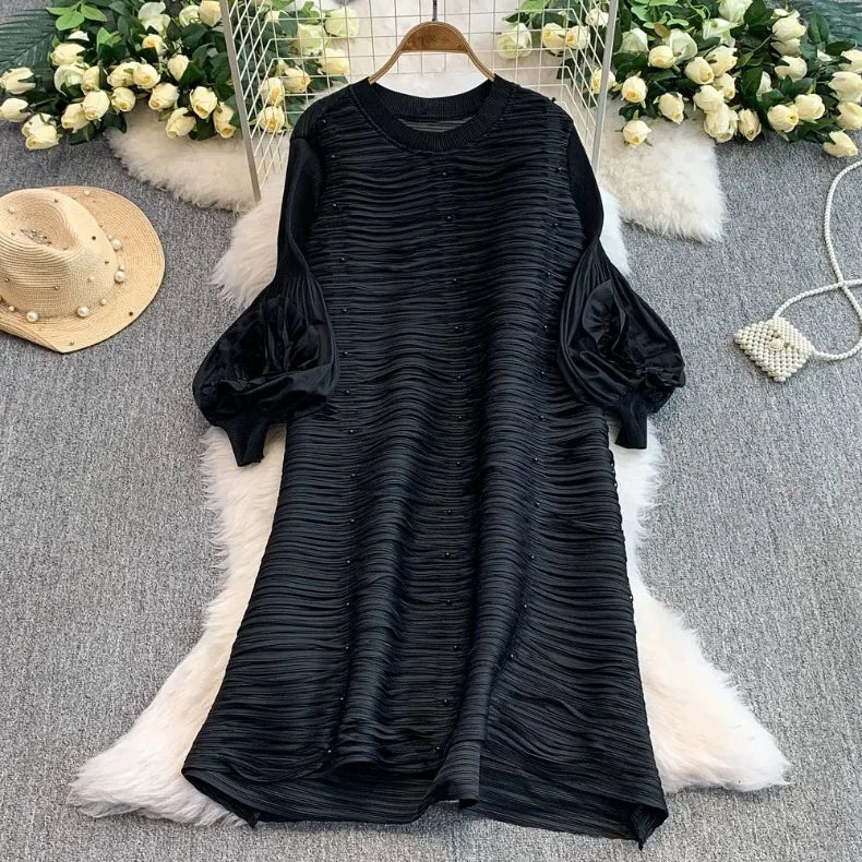 ANLAN Luxury Beading Hollow Out Tassels Pleated Miyake Dresses Women 3D Flower Splice Lantern Sleeve Loose Party Dress 2025 N
