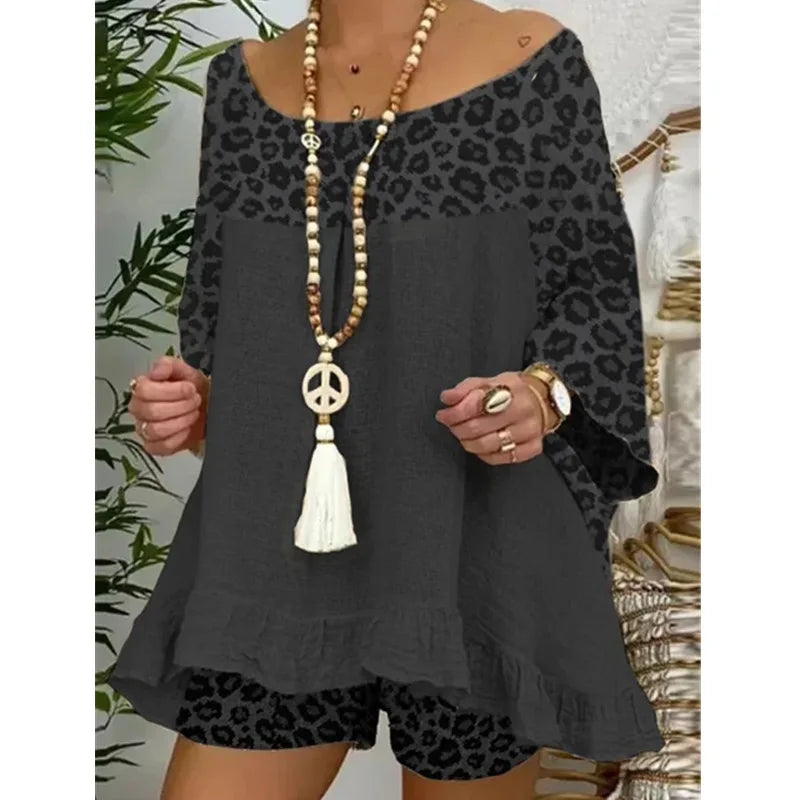 Linen Blouse Tops And Loose Shorts Suit Vintage Two Piece Set Print Sets Female Leopard Patchwork Outfit