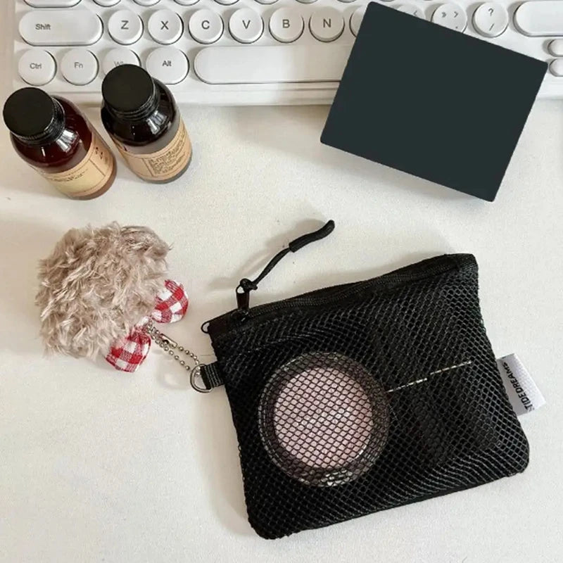 Dual-Layer Mesh Storage Bags Portable Travel Makeup Bag with Zipper Mini Toiletries Cosmetics Organizer Simple Stationery Bag