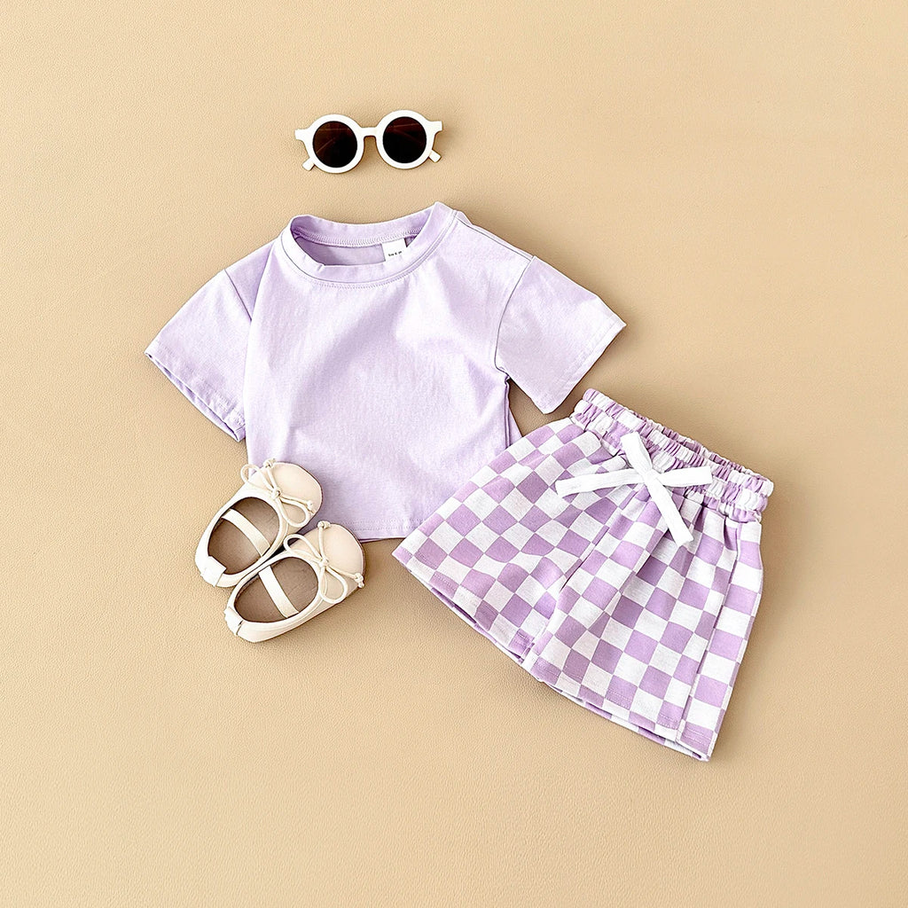 2PCS Kids Clothes Baby Boys Girls Solid Color Short Sleeve T-shirt Plaid Pattern Shorts Sets Baby Clothing Sets 0-3Y