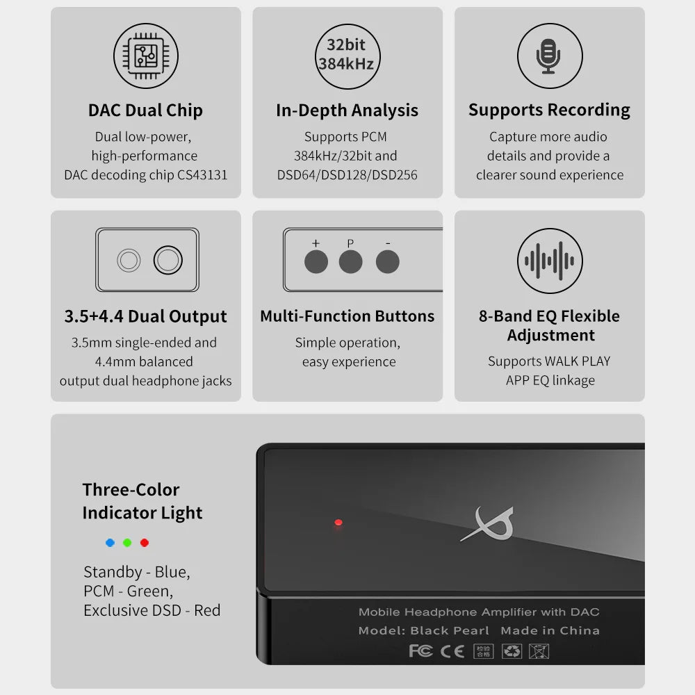 TRN Black Pearl Portable Hi-Fi Digital Audio Decoder 3.5+4.4 Output Dual CS43131 PCM 384kHz 32Bit DSD256 DAC Headphone Amplifier