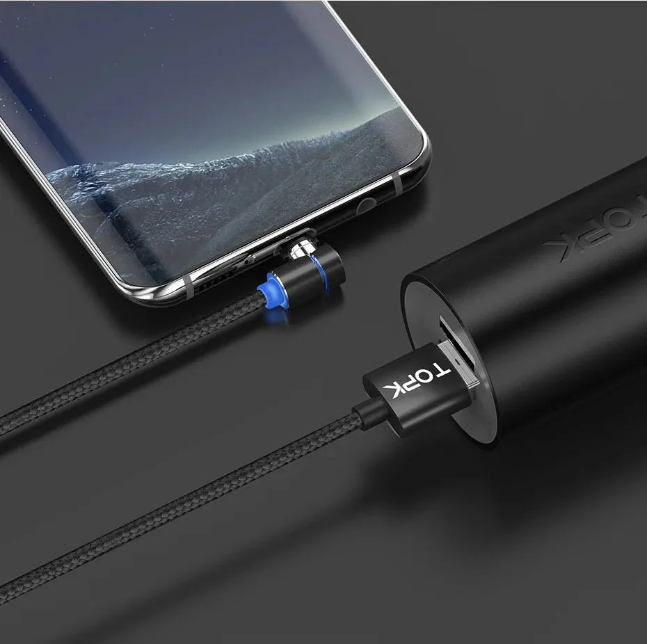 TOPK Magnetic Charging Cable 360° Rotating Magnetic Phone Charger Cable with LED Light, 90° Angle Connector, Nylon-Braided Cords