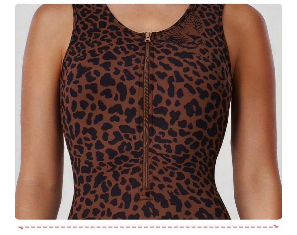 Sexy Hollow Backless Sport Flare Legging Jumpsuit Scrunch Butt Women Clothing Fashion Leopard Sleeveless Zipper Fitness Overalls