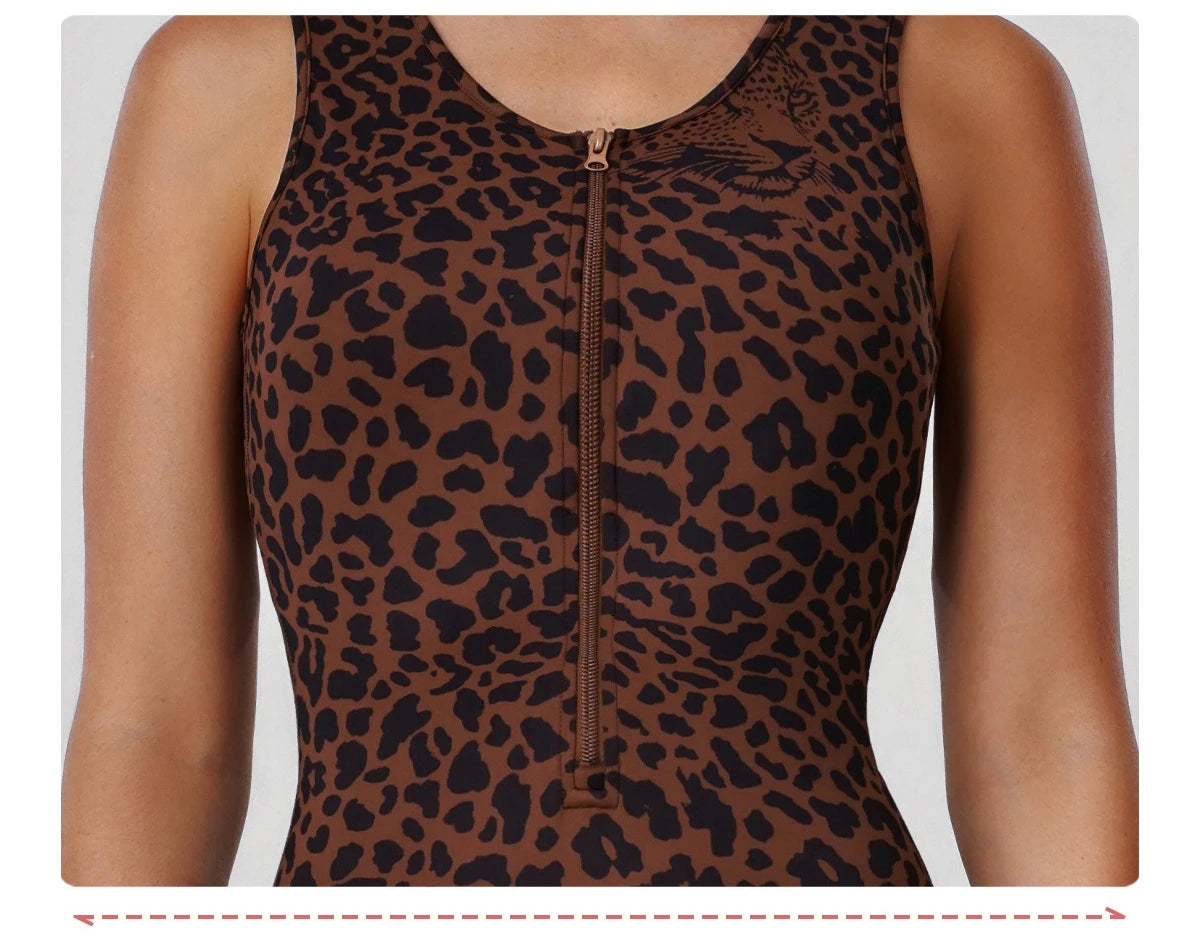Sexy Hollow Backless Sport Flare Legging Jumpsuit Scrunch Butt Women Clothing Fashion Leopard Sleeveless Zipper Fitness Overalls