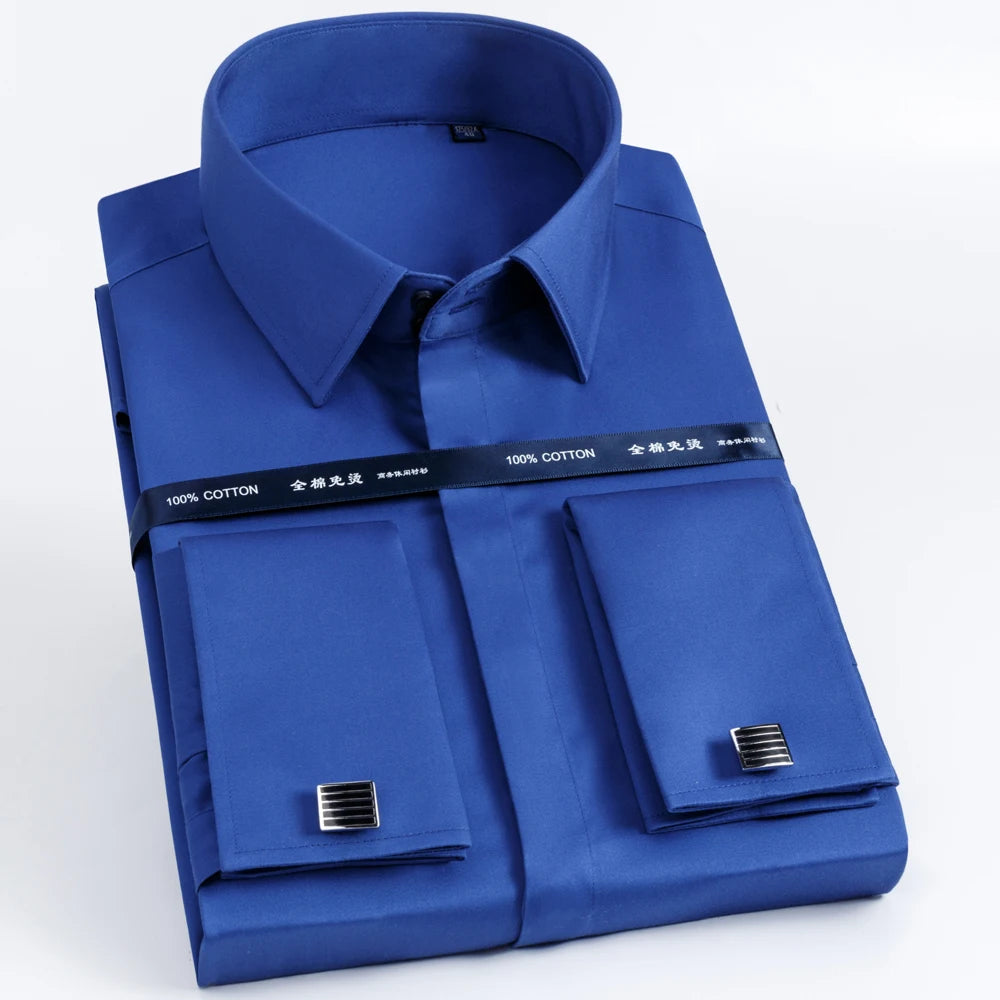 Men's 100% Cotton Iron-Free French Cuff Shirt Front Hidden Buttons Removable Collar Stays Formal Business Long Sleeve Shirts