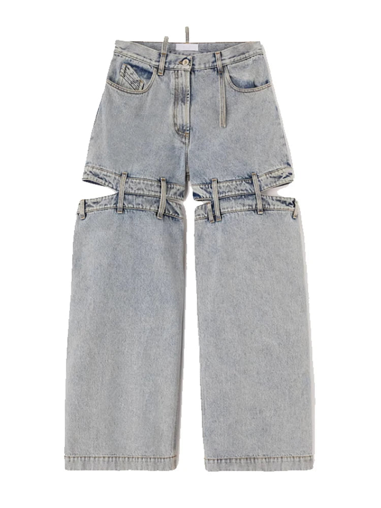 Fashion Women's Denim Pants Loose Waist Zip Hollow Out Solid Color Wide-leg Floor-length Jeans Autumn 2023 New Tide