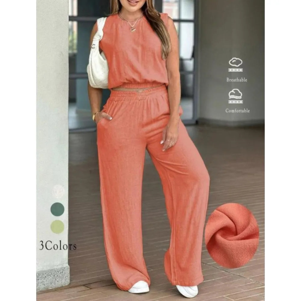Fashion Ultra-short Sleeveless Top Trousers 2-piece Set Summer New Casual Pocket Loose Wide-leg Trousers Female Office Set 2025