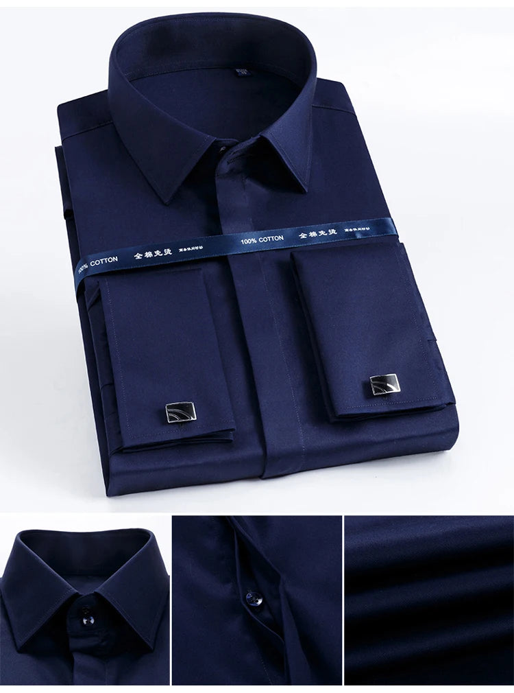 Men's 100% Cotton Iron-Free French Cuff Shirt Front Hidden Buttons Removable Collar Stays Formal Business Long Sleeve Shirts