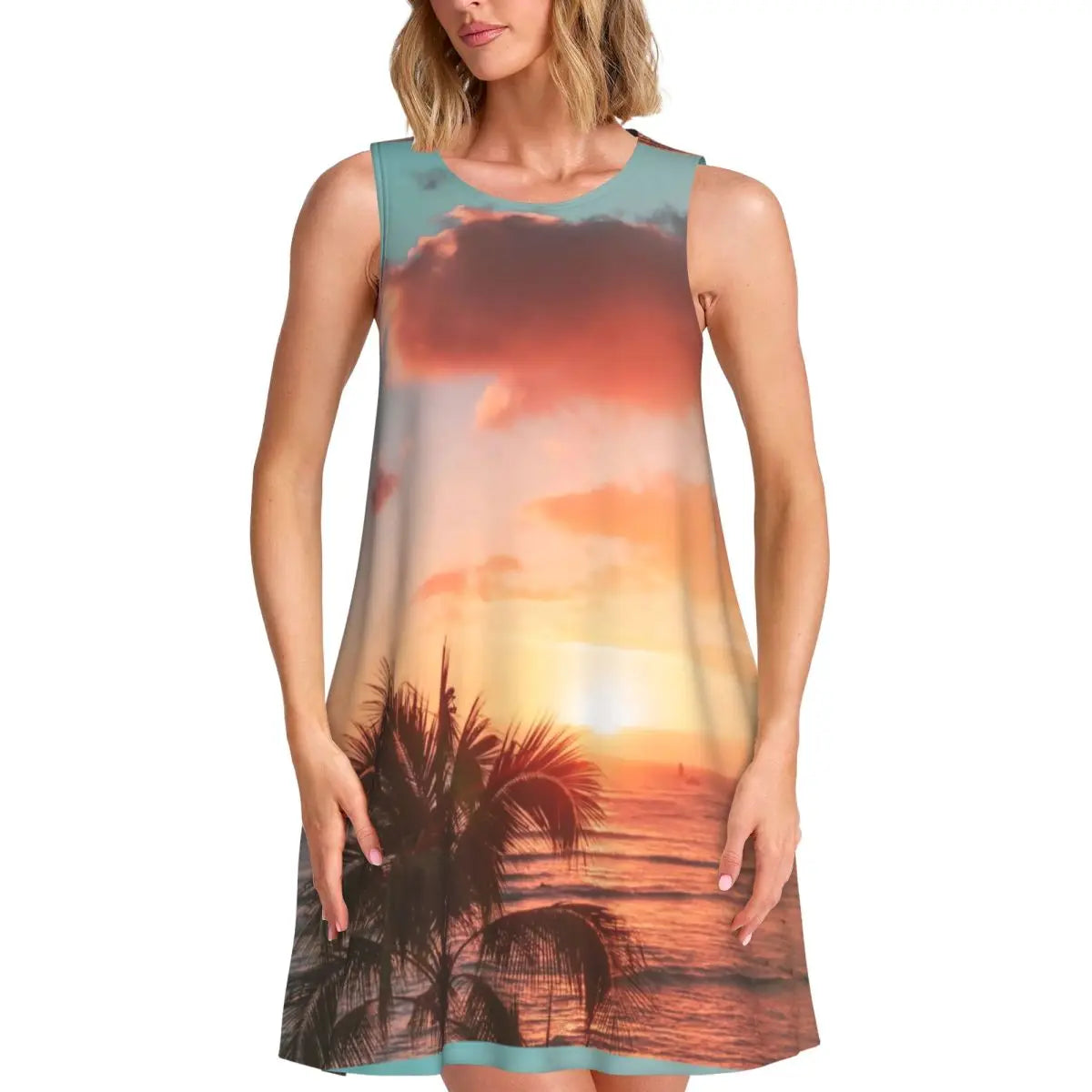 Ocean Sunset Casual Dress Palm Tree Print Sleeveless Elegant Dresses Ladies O Neck Simple Dress Day Print Clothing Birthday Gift