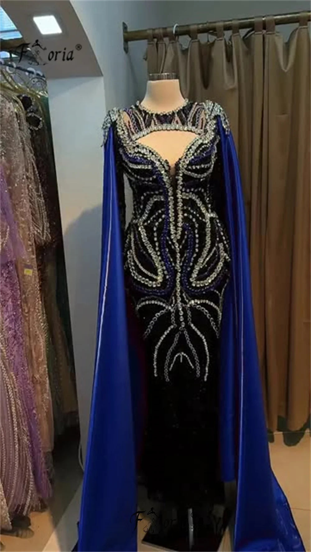 Royal Blue Crystal Mermaid Evening Dresses with Long Cape Stunning Stone Banquet Wedding Prom Dress Robe De Soiree Customized