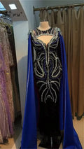 Royal Blue Crystal Mermaid Evening Dresses with Long Cape Stunning Stone Banquet Wedding Prom Dress Robe De Soiree Customized
