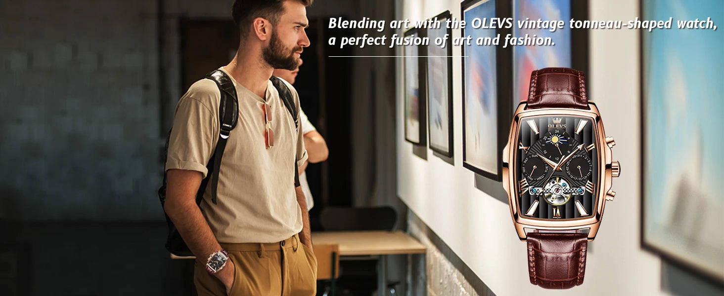 OLEVS 6675 Mens Watch Flywheel Multifunctional Chronograph Mechanical Watch Leather Strap Square Watches For Man High Quality