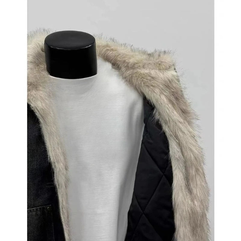 Mens Jacket Harajuku Hooded Denim Cotton Coat Washed Heavy Fleece Thick Fur Collar Vintage Warm Autumn Winter Streetwear Fashion