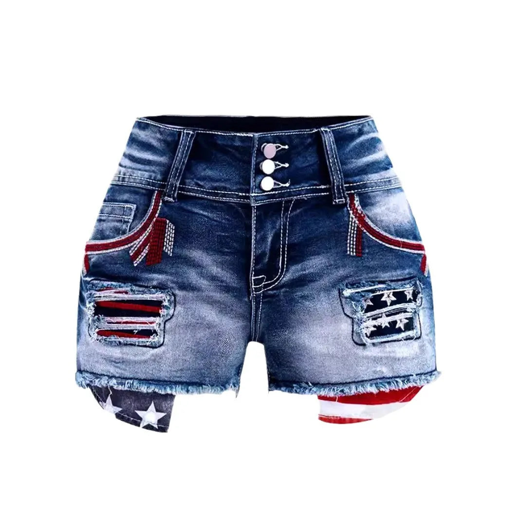 Denim Pant Women Jeans Shorts Short Pants Slim Fit High Waist Button Trousers Skinny Streetwear Hole Splice Summer 2025
