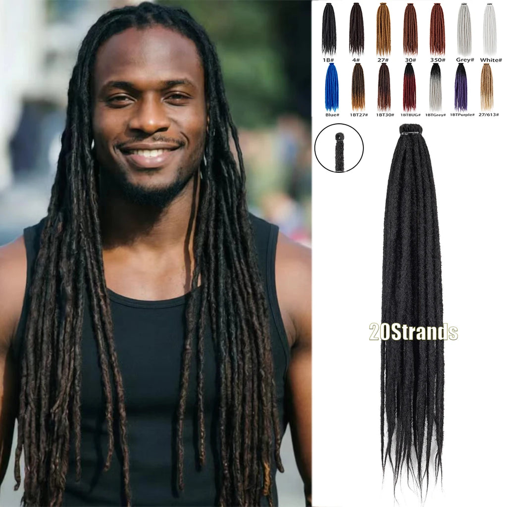 20Strands 24 Inch Synthetic Dreadlock Extensions Ombre Black 0.6cm Width Single Ended Hippie Reggae Style Crochet Hair for Men