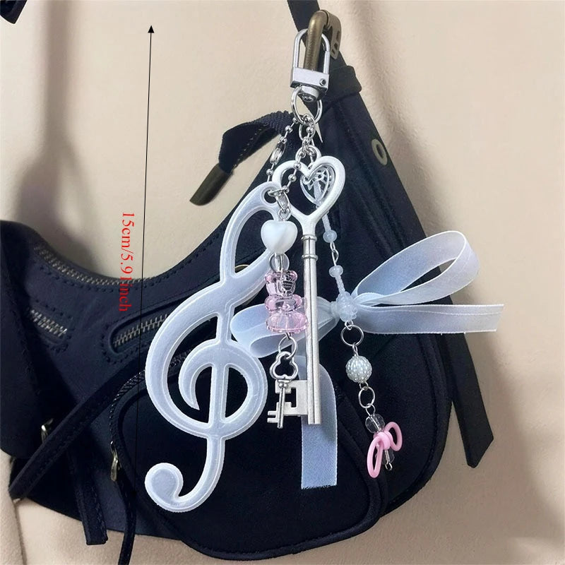 Y2K Music Themed Bag Charm Ribbon Bow Heart Keychain ItaBag Backpack Hanging Decor Ornament Accessory Gift For Teenage Girls