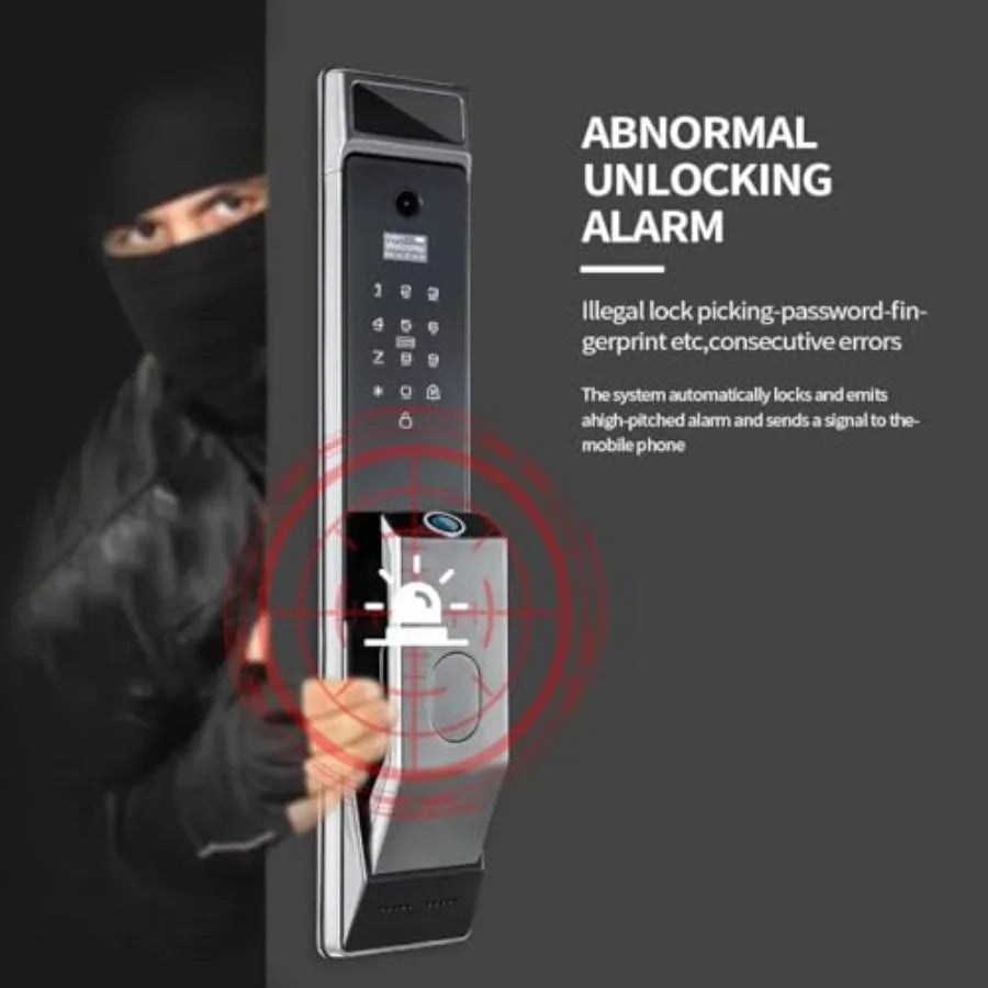 Smart Door Lock with Camera for Home Security: Aluminum Alloy, Black, 3D Face Recognition, Fingerprint Biometrics, Wi-Fi Remote