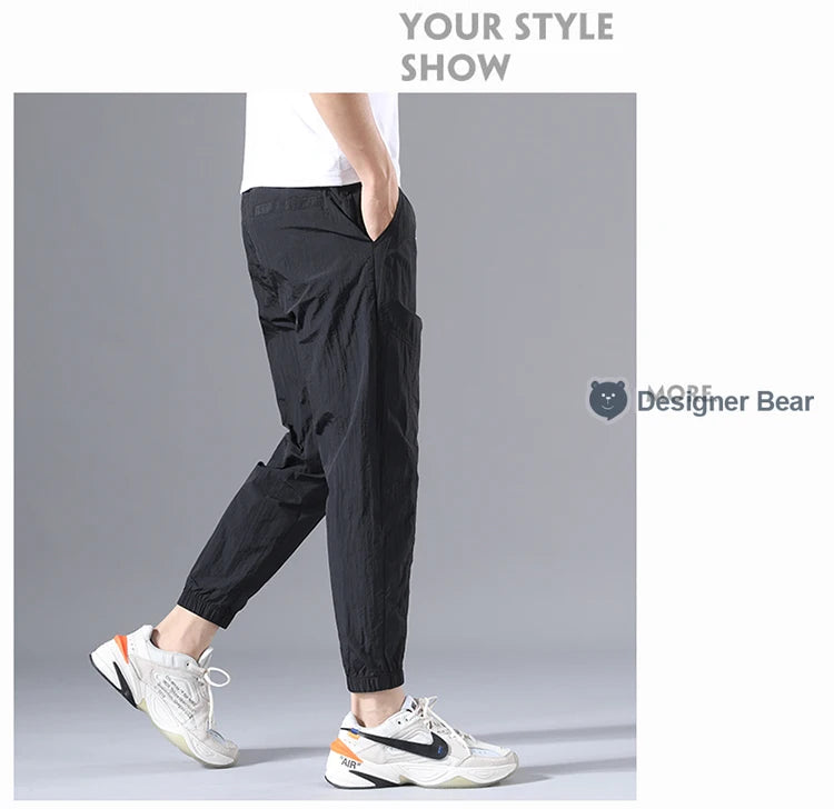 2026 Summer Thin Men's Wrinkled Fabric Loose Tapered Harem Pants Quick-Dry Elastic Cuff Casual Trousers Elastic Waist City Boy