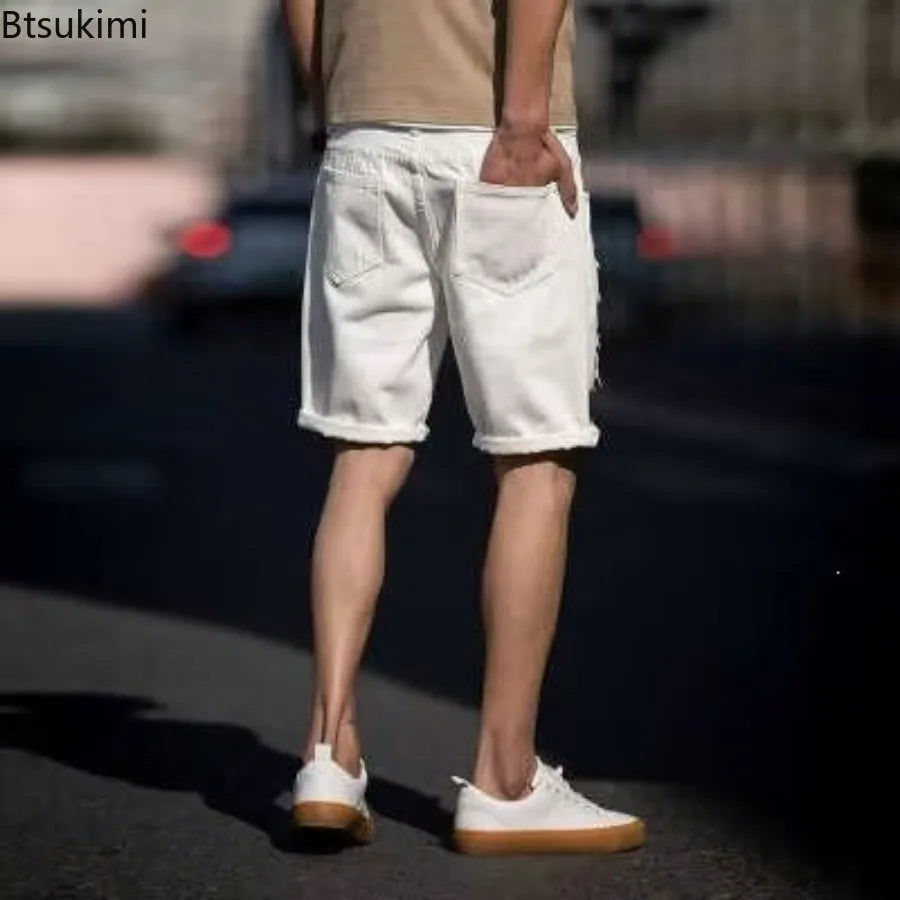 Men's Fashion Denim Shorts Summer Ripped Casual Denim Knee Length Solid Jeans Shorts White Classic Jeans Shorts Y2k Streetwear