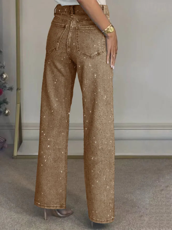 Shiny Rhinestone Jeans Pants Sexy Women High Waist Elegant Night Club Diamonds Denim Straight Trousers
