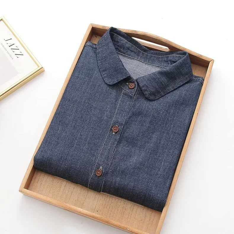 Mori kei denim blouses women spring autumn Japanese peter pan collar blue solid denim shirts casual jean basic shirts