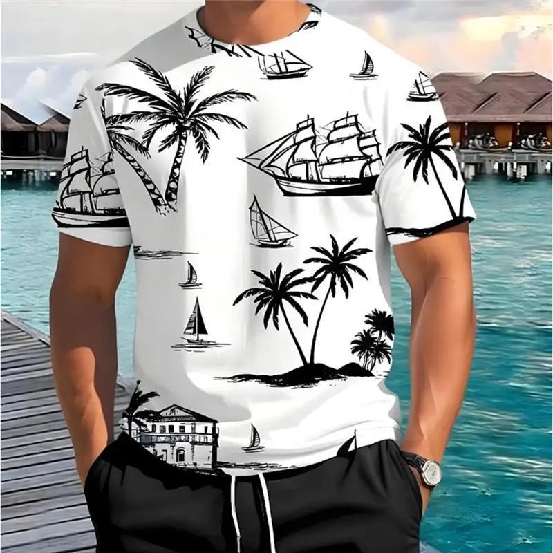 2025 Summer New Men's Short-sleeved Top Palm Tree Print T-shirt Fashion Vacation Beach Casual Pattern