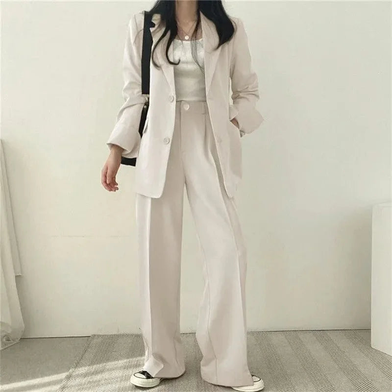 2026 Female Solid Color Blazer 2PCS Autumn Women Lapel Tops High Waist Outfit Korean Ladies Long Sleeves Suit Wide Leg Pants