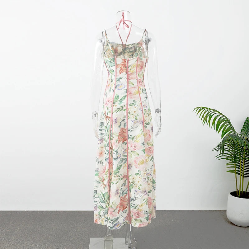 Elegant Floral Print Halter Dress Women Sleeveless Waist-closed A-line Dresses 2026 Spring Summer Fashion Female Vacation Robe